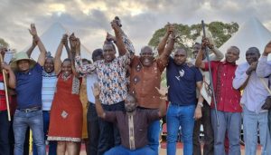 Political leaders from Tharaka Nithi and Meru pose for a unity of purpose themed photo at Ura Gate Cultural Festival