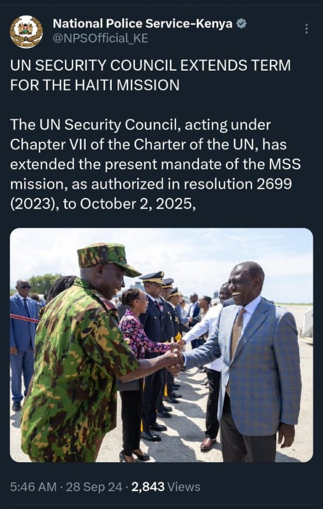 National Police Service statement announcing that UN Security Council has extended the Haiti mission on Saturday September 28, 2024. PHOTO/ Screengrab by K24/@NPSOfficial_KE/X