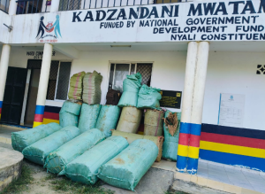 Police display rolls of bhang in sacks at the Kadzandani Police Station in Nyali on September 20, 2024. PHOTO/@NPSOfficial_KE/X