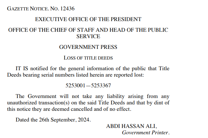 A screenshot by K24Digital of the gazette notice by the Government Printer.
