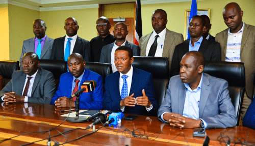 Cabinet Secretary for Labor and Social Protection Alfred Mutua and KAWU officials during a meeting on August 15, 2024. PHOTO/@LabourSPKE
