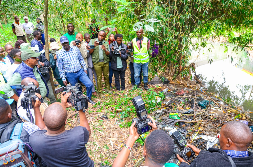 Environment CS Aden Duale at the Nairobi River for a clean-up exercise on Mazingira Day. PHOTO/@Environment_Ke/X
