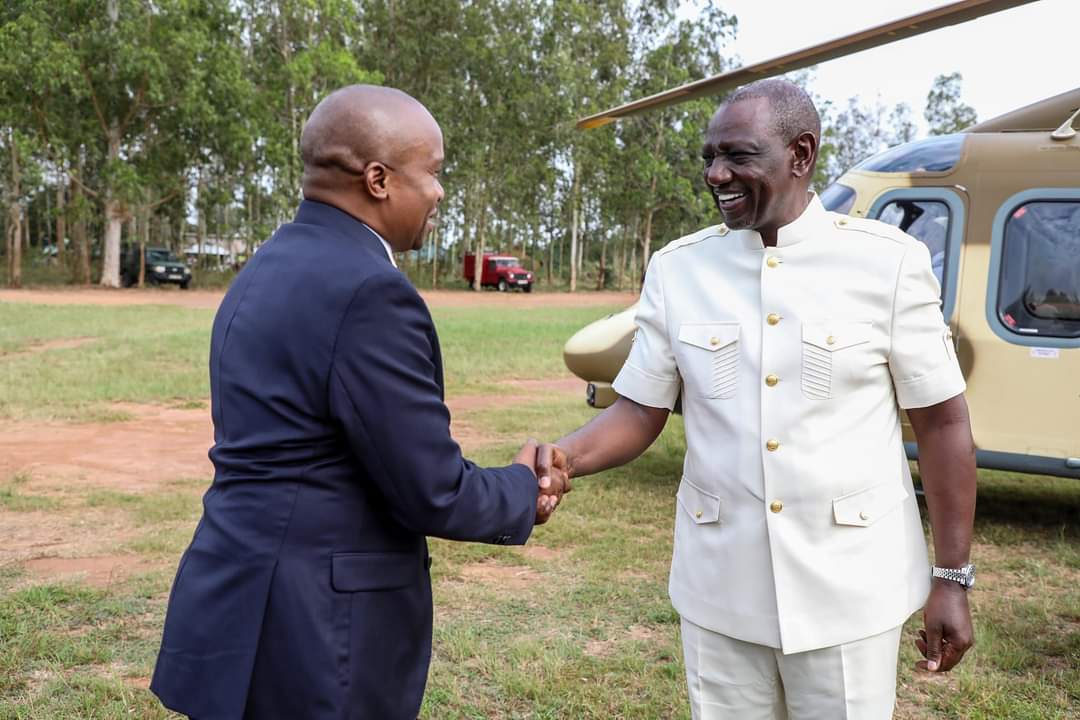 Deputy President nominee Kithure Kindiki receiving President William Ruto in Kwale on Sunday, October 20, 2024. PHOTO/@KindikiKithure/X