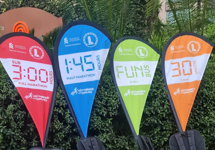 Banners showing the time limits for the various race categories at the StanChart Nairobi Marathon. PHOTO/@StanChartKE/X