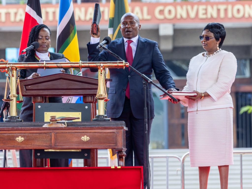 Deputy President Kithure Kindiki with his wife during swearing-in. PHOTO/@K24TV/X
