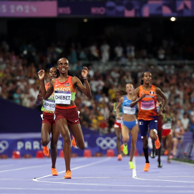 Beatrice Chebet celebrates after winning gold in Olympics in Paris, France. PHOTO/@WorldAthletics/X