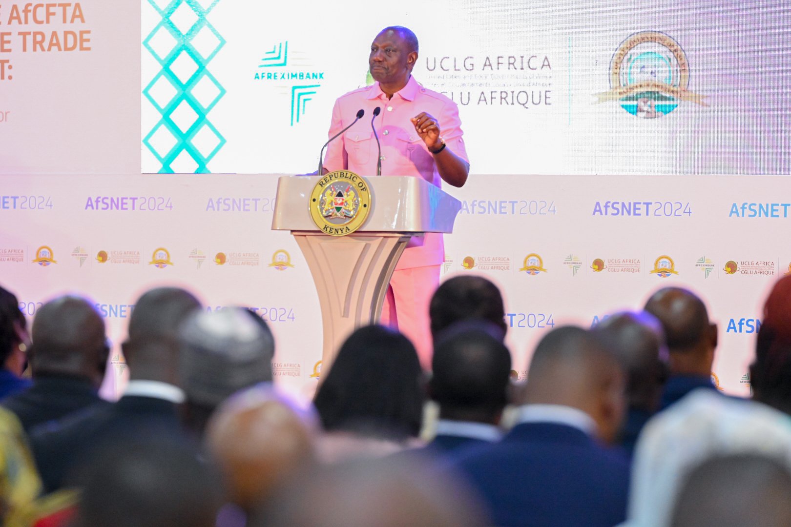 President William Ruto addresses delegates at the African Sub-Sovereign Governments Network (AFSNET) Conference. PHOTO/@AnyangNyongo/X