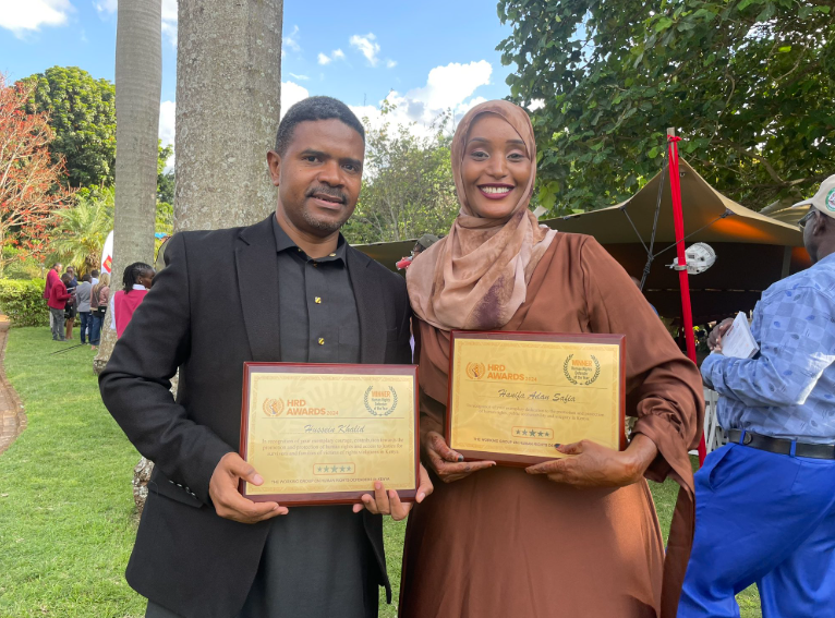 Activists Hanifa Adan and Hussein Khalid at the Danish Embassy in Nairobi on Friday, November, 29, 2024, receiving the Human Rights Defenders of the Year award. PHOTO/@Honeyfarsafi/X