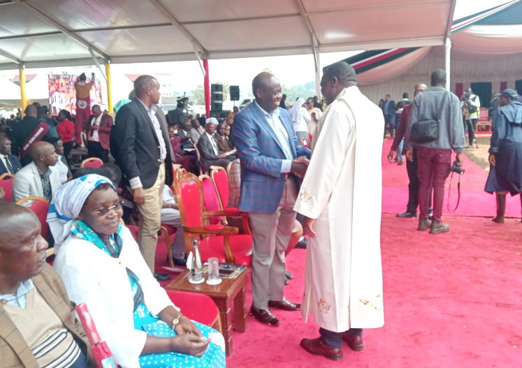 Former Deputy President Rigathi Gachagua greeting a clergy in Embu on Saturday November 16, 2024. PHOTO/https://web.facebook.com/DPGachagua/posts