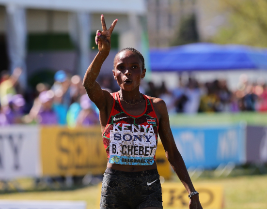 Beatrice Chebet gestures after winning the World Athletics Cross Country Championships in Belgrade. PHOTO/World Athletics