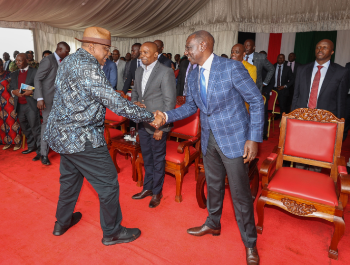 Former President Uhuru Kenyatta greeting President William Ruto on Saturday November 16, 2024 during a consecration service in Embu. PHOTO/ Office of the 4th President of Kenya. @4thPresidentKE/X