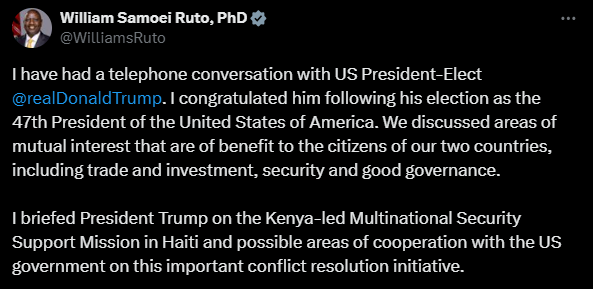 A screengrab of President William Ruto's statement confirming talking with Donald Trump. PHOTO/screengrab by K24 Digital/ @WilliamsRuto/X