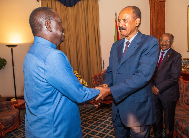 Raila Odinga greeting Eritrean President Afwerki. PHOTO/@RailaOdinga/X
