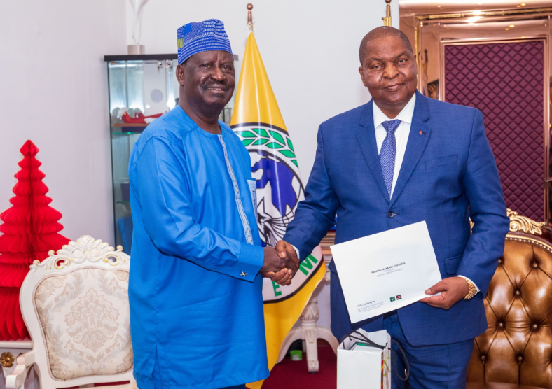 Former Prime Minsiter Raila Odinga meets Central Africa Republic's President Faustin-Archange Touadera. PHOTO/@RailaOdinga/X