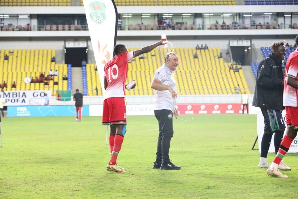 Harambee Stars head coach Engin Firat and midfielder Kenneth Muguna. PHOTO/@Harambee__Stars/X