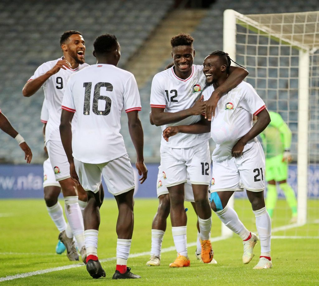 Harambee Stars celebrate a goal against Namibia. PHOTO/@Harambee__Stars/X