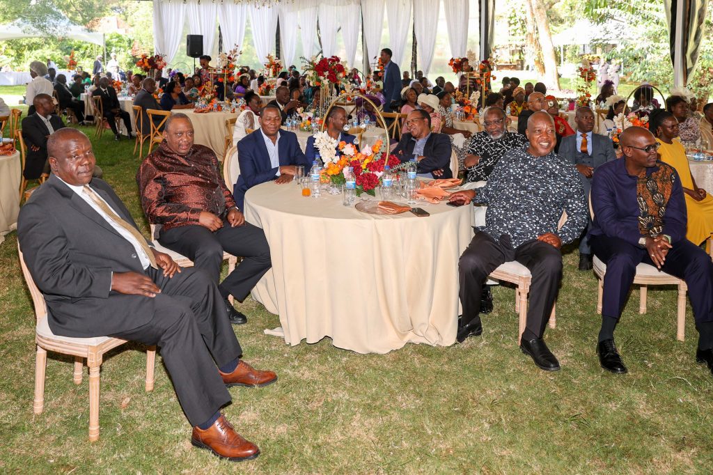 (From left) Former Interior CS Fred Matiang'i, Uhuru Kenyatta, former Laikipia governor Ndiritu Muriithi, former ICT CS Joe Mucheru and Nyamira governor Amos Nyaribo. PHOTO/@4thPresidentKE/X