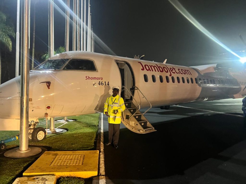 A Jambojet aircraft that was involved in an accident during overnight routine maintenance activities at JKIA. PHOTO/@kenyanaviator/X