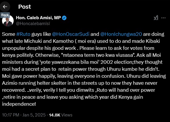 Statement shared by MP Caleb Amisi. PHOTO/Screengrab by K24 Digital/@Honcalebamisi/X