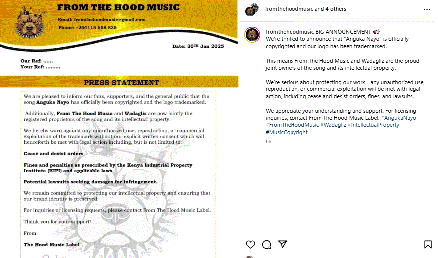 Official statement from Wadagliz and hood music label. PHOTO/@froomthehoodmusic/Instagram