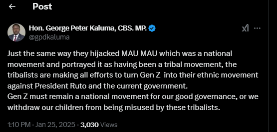 A screenshot of a post made by MP Peter Kaluma on Saturday, January 25, 2025, on X by @gpdkaluma