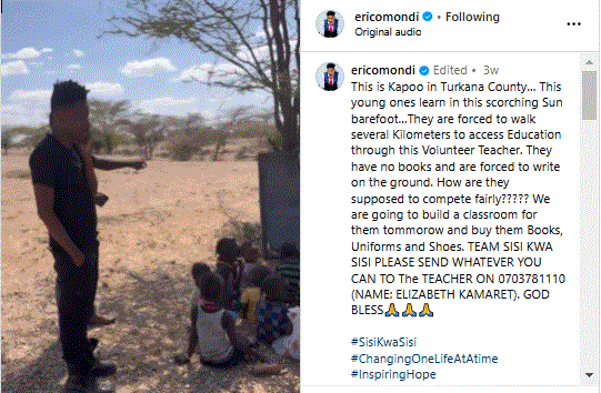 A screenshot of Eric Omondi's post showing children studying under scorching sun in Turkana County