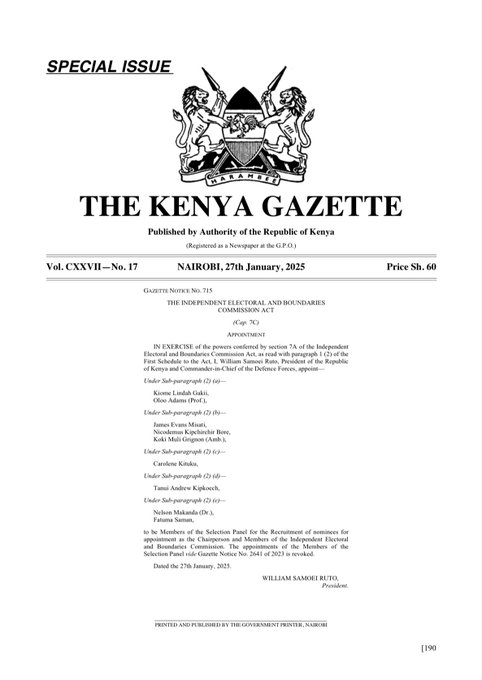 A special gazette notice on IEBC selection panel appointment shared by State House Spokesperson Hussein Mohamed on Monday January 27, 2025. PHOTO/@HusseinMohamedg/X