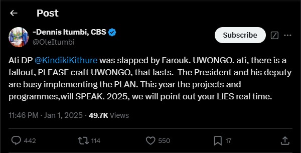 A statement shared by Dennis Itumbi dismissing a fallout between President Ruto and DP Kithure Kindiki on Wednesday January 1, 2025. PHOTO/ Screengrab by K24 Digital/@OleItumbi/X