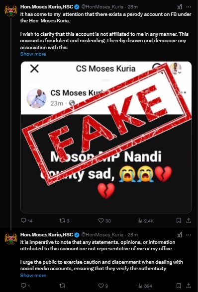 A fake Facebook account flagged by Moses Kuria on Wednesday January 22, 2025. PHOTO/@HonMoses_Kuria/X