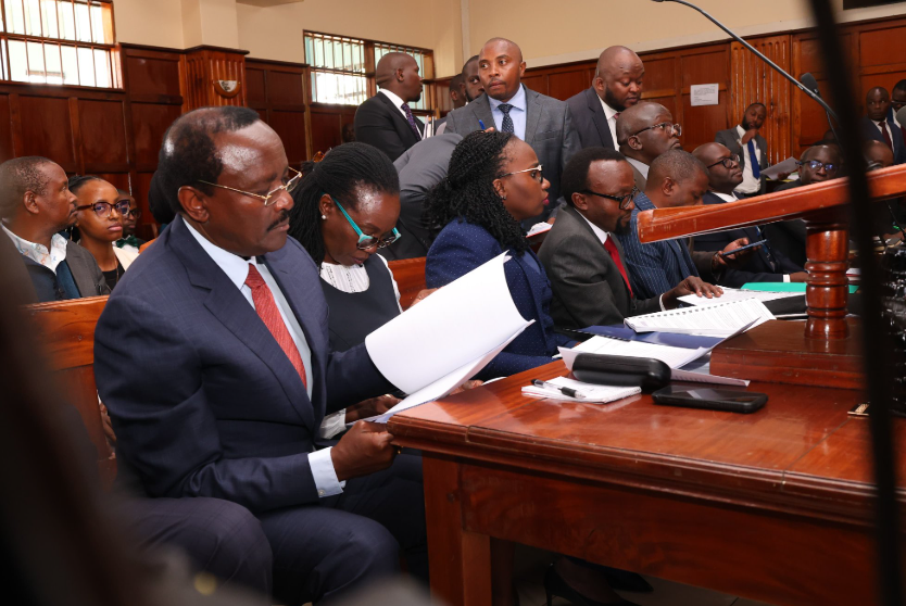 Opposition leaders Kalonzo Musyoka of the Wiper Party, Eugene Wamalwa of the Democratic Action Party of Kenya (DAP-K), and Martha Karua of NARC Kenya at Milimani High Court on Wednesday, January 8, 2025. PHOTO/@@skmusyoka/X
