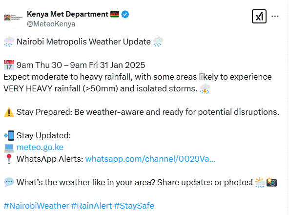 Weather update of Nairobi and its surrounding. PHOTO/@MeteoKenya/X