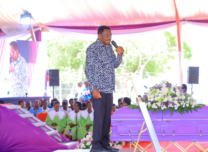 Siaya County Governor James Orengo speaking to mourners at Roseline Odede's funeral in Uyoma, Rarieda Sub-county, on Saturday, January 18, 2025. PHOTO/@orengo_james/X