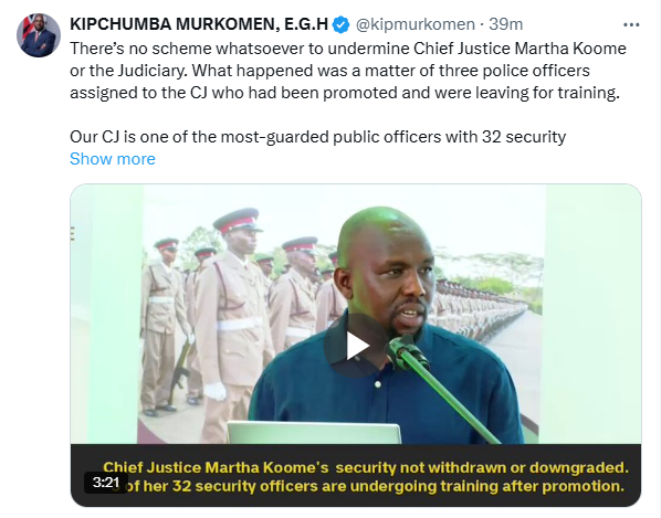 Interior Cabinet Secretary Kipchumba Murkomen’s statement clarifying on reported withdrawal of Martha Koome’s security. PHOTO/Screengrab by People Daily Digital from a post by @kipmurkomen