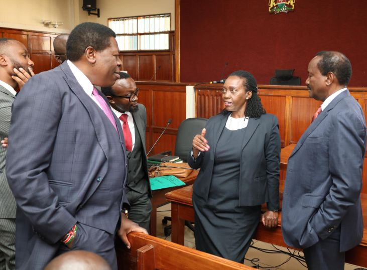 Opposition leaders Kalonzo Musyoka of the Wiper Party, Eugene Wamalwa of the Democratic Action Party of Kenya (DAP-K), and Martha Karua of NARC Kenya at Milimani High Court on Wednesday, January 8, 2025. PHOTO/@skmusyoka/X