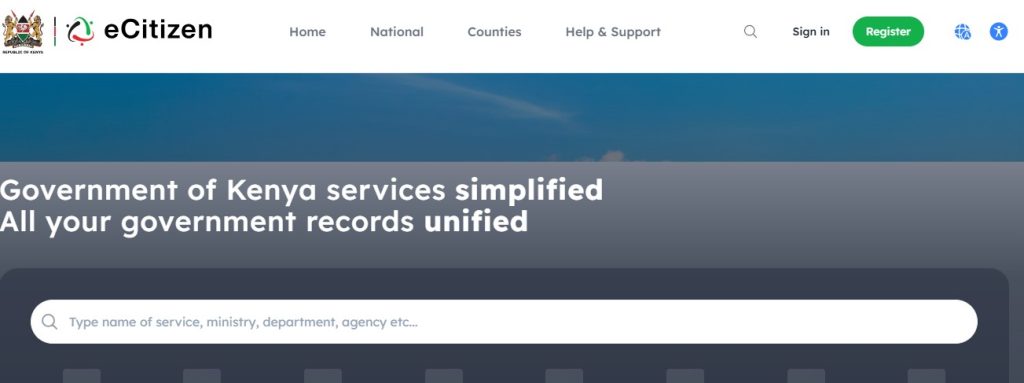 The eCitizen platform. PHOTO/ Screengrab by K24 Digital/ https://accounts.ecitizen.go.ke/en