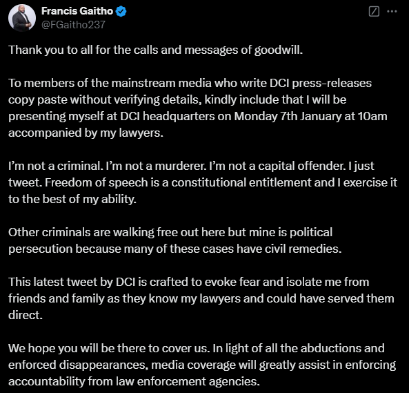 Francis Gaitho's statement on Thursday, January 2, 2025. PHOTO/@FGaitho237/X