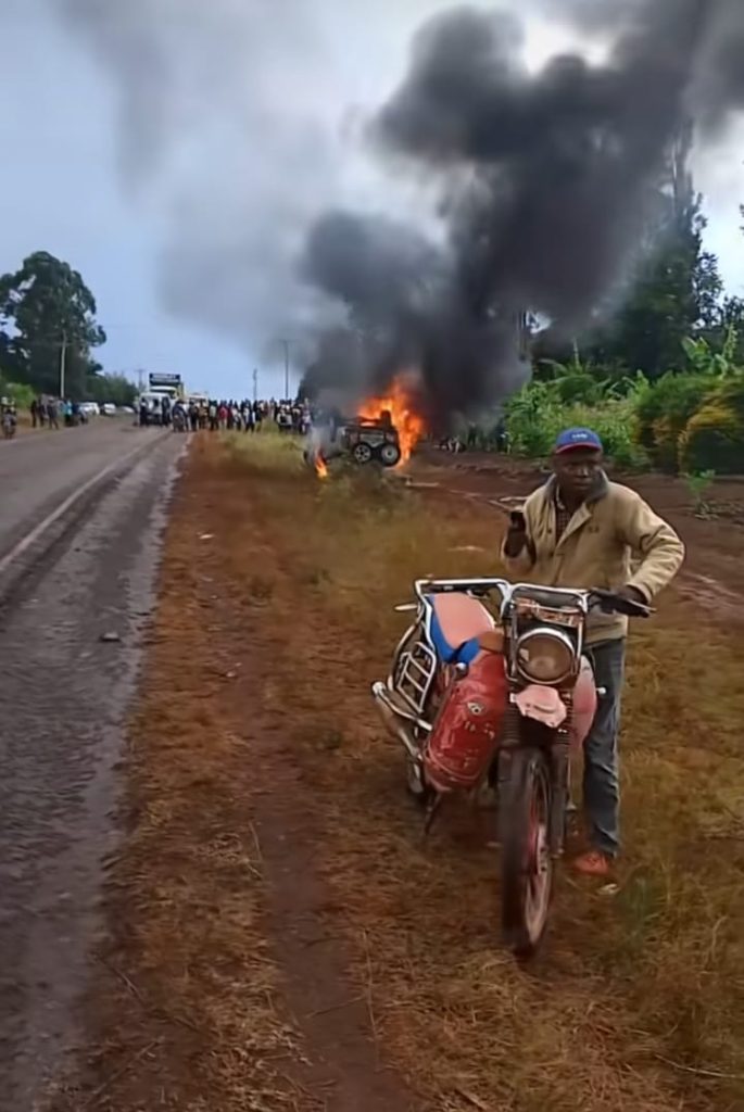 The Miraa Hilux, which was set ablaze by irate residents in Embu on Monday, January 27, 2025. PHOTO/Screengrab by K24 Digital of video posted on TikTok by user @Seeker.