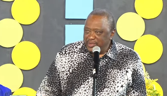 Retired president Uhuru Kenyatta speaks during the funeral of his late cousin Kibathi Muigai on Friday, January 17, 2025. Screengrab from a video posted on Youtube by Shamz TV