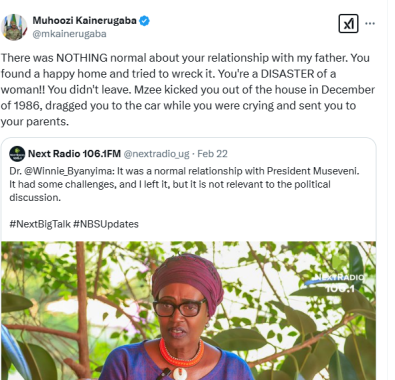 General Muhoozi Kainerugaba's statement on Winnie Byanyima's claim that she had a relationship with President Yoweri Museveni. PHOTO/Screengrab from a statement posted by @mkainerugaba