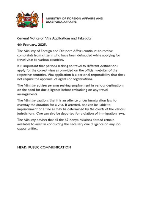 A government notice warning Kenyans against fraudsters in visa applications process. PHOTO/@Diaspora_KE/X