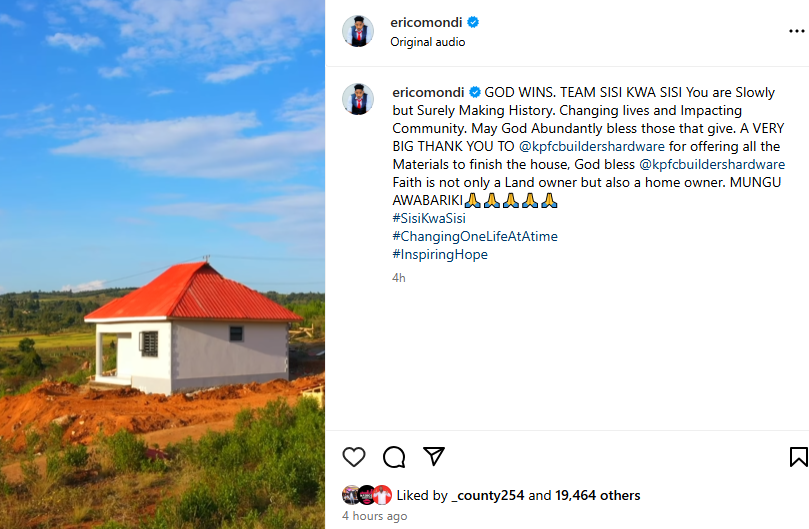 A post made by Eric Omondi showcasing the completion of the house on Monday, February 10, 2025, on Instagram. PHOTO/Screengrab by K24 Digital from @ericomondi