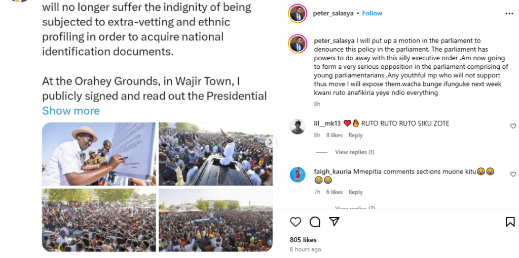 A post made by MP Peter Salasya on Wednesday, February 5, 2025, on Instagram. PHOTO/Screengrab by K24 Digital from @peter_salasya