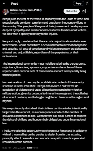 President William Ruto's statement supporting Israel on October 7, 2023. PHOTO/Screengrab by K24 Digital/@WilliamsRuto/X