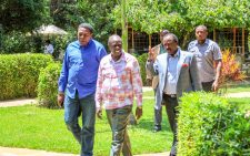 Wiper party leader Kalonzo Musyoka and DAP-K party leader Eugene Wamalwa during their meeting with former Deputy President Rigathi Gachagua on Wednesday, February 19, 2025. PHOTO/@skmusyoka/X