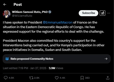 President William Ruto's statement confirming speaking to French President Emmanuel Macron on January 27, 2025. PHOTO/ Screengrab by K24 Digital/@WilliamsRuto/X