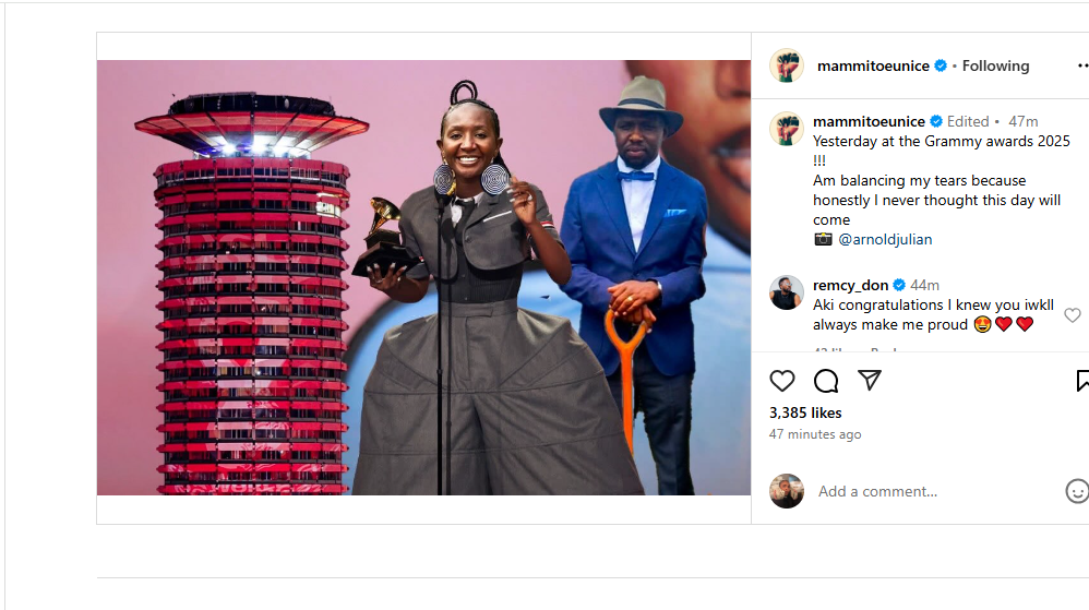 A post made by Comedienne Mammito Eunice about the Grammy Awards on Instagram on Monday, February 3, 2025. PHOTO/Screengrab by K24 Digital from @mammitoeunice