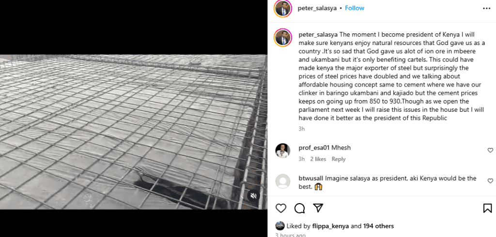 A post made by MP Peter Salasya on Saturday, February 8, 2025, on Instagram. PHOTO/Screengrab by K24 Digital from @peter_salasya