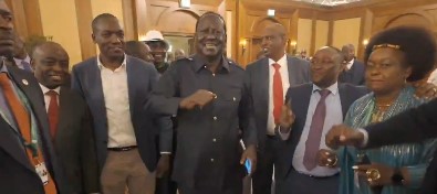 Raila dancing with the Kenyan delegation in Addis Ababa after the AUC Chairmanship election loss on Saturday February 15, 2025. PHOTO/ Screengrab/@RobertAlai/X