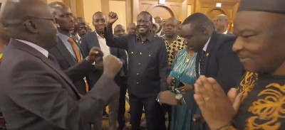 Raila dancing with the Kenyan delegation in Addis Ababa after the AUC Chairmanship election loss on Saturday February 15, 2025. PHOTO/ Screengrab/@RobertAlai/X