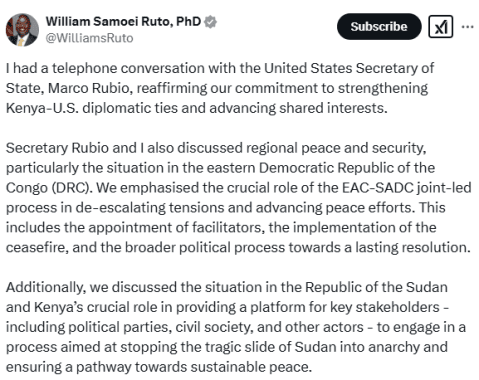 President William Ruto’s statement on the phone call with US State Secretary Marco Rubio. PHOTO/Screengrab by K24 Digital from an X post by @WilliamsRuto